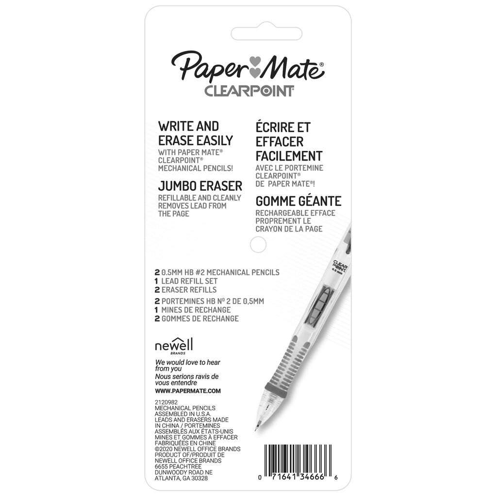 Paper Mate Clearpoint Mechanical Pencils Starter Set, HB #2 Lead, 0.5mm, 2 Count
