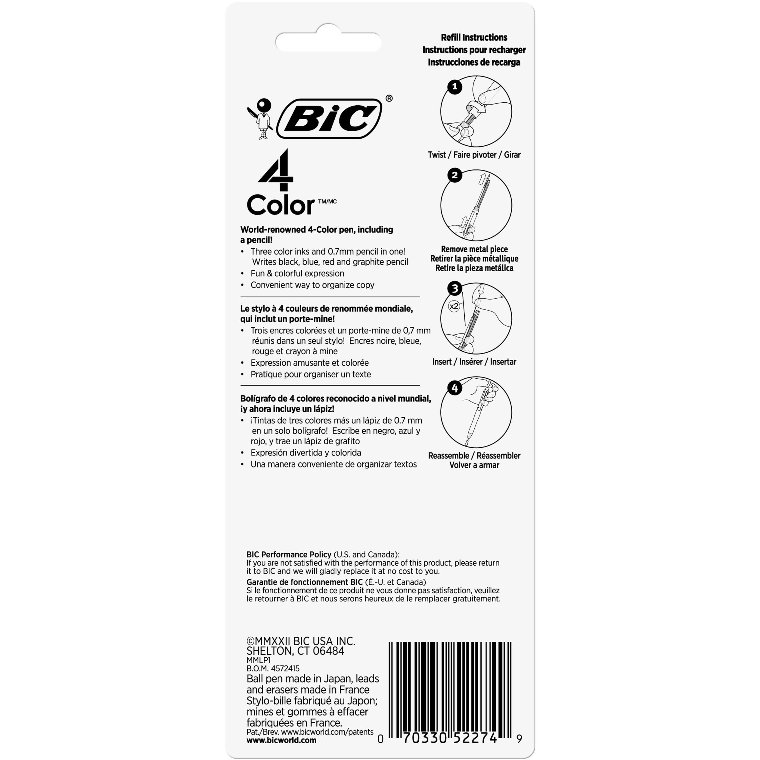 BIC MMLP1-AST 4-Color 3 plus 1 Medium 1 millimeter Pen/0.7 millimeter Pencil Retractable Ballpoint Pen/Pencil - Black/Blue/Red Ink/Gray/White Barrel (1-Set)