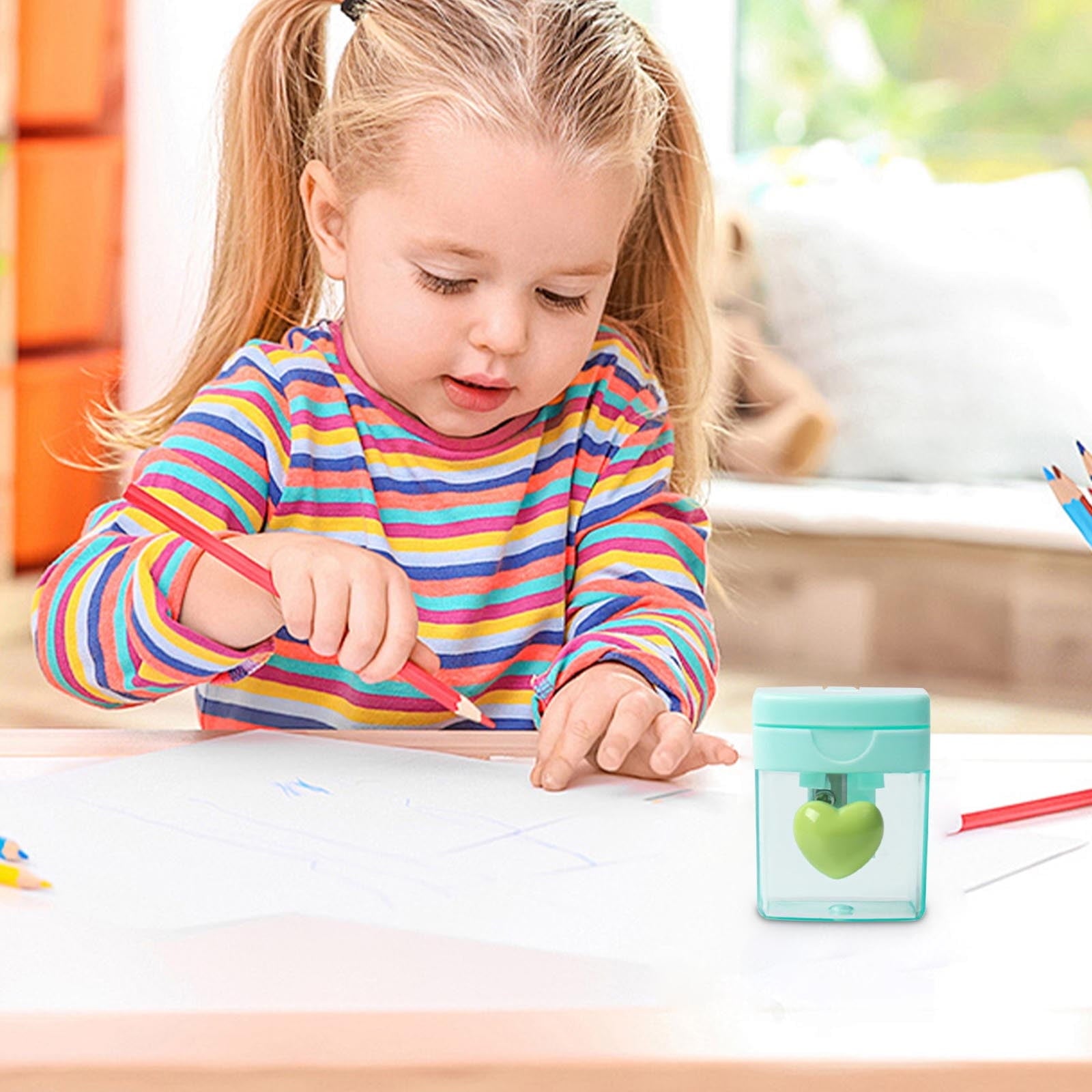 Heart-Shaped Pencil Sharpener - 4-Color Rotating Crayon & Colored Pencil Sharpener with Clear Shavings Container