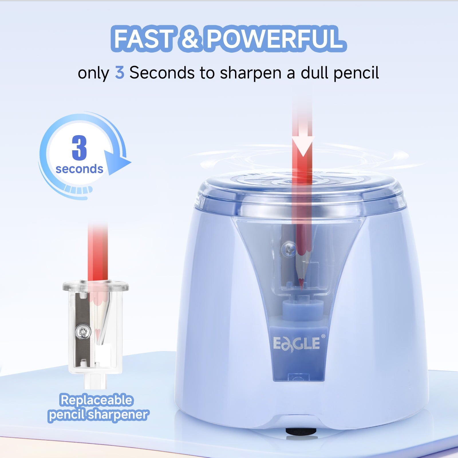 Eagle Electric Pencil Sharpener, Battery Powered, Large Shaving Holders, Reusable and Replaceable Blade, for Home and Office use, Blue