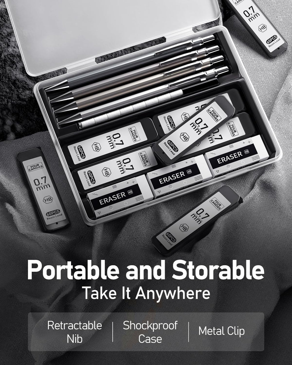 Four Candies 0.7mm Mechanical Pencil Set with Case - 4PCS Metal Mechanical Pencils, 8 Tubes HB #2 Lead Refills, 3PCS 4B Erasers and 9PCS Eraser Refills, for Writing & Drawing