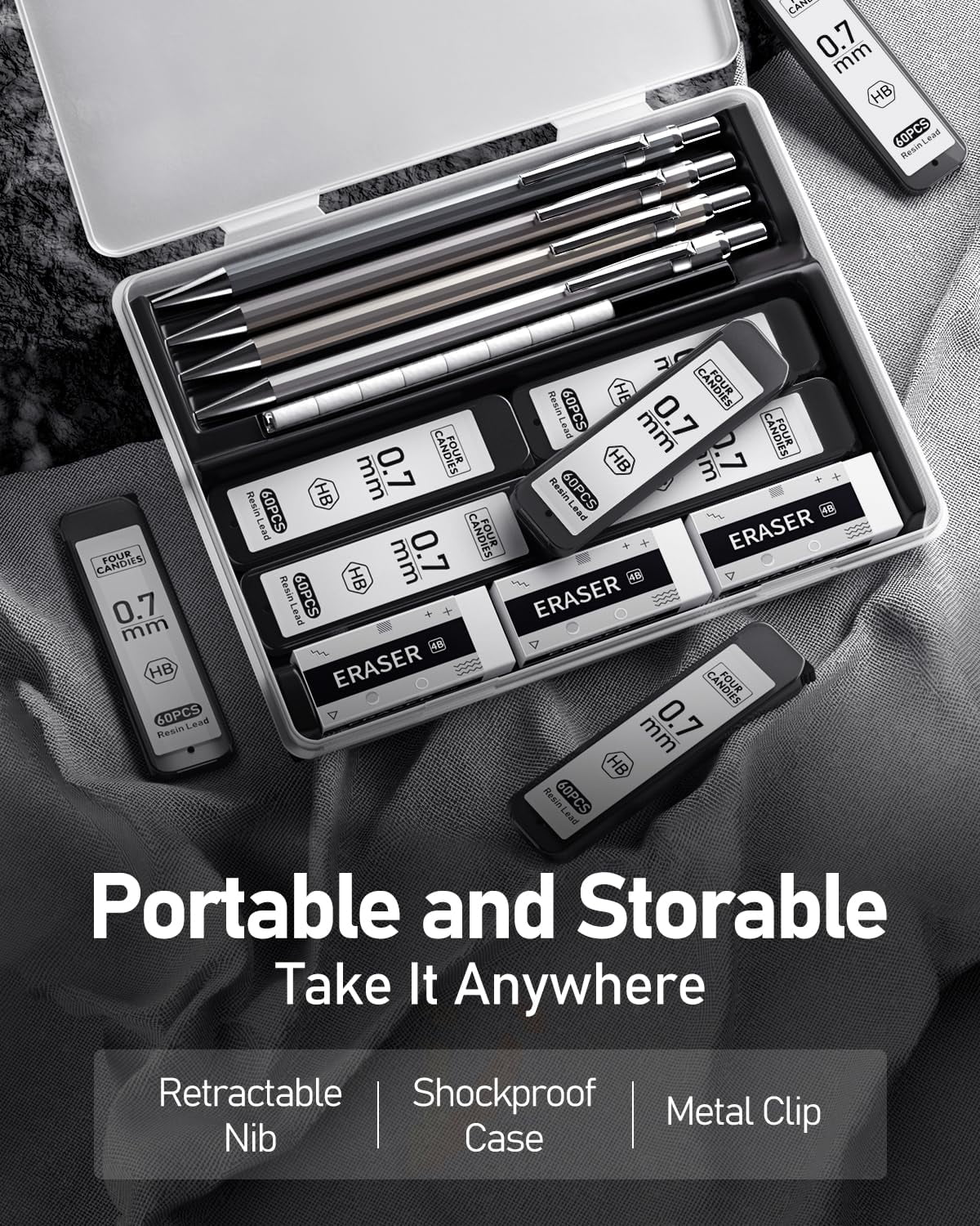 Four Candies 0.7mm Mechanical Pencil Set with Case - 4PCS Metal Mechanical Pencils, 8 Tubes HB #2 Lead Refills, 3PCS 4B Erasers and 9PCS Eraser Refills, for Writing & Drawing