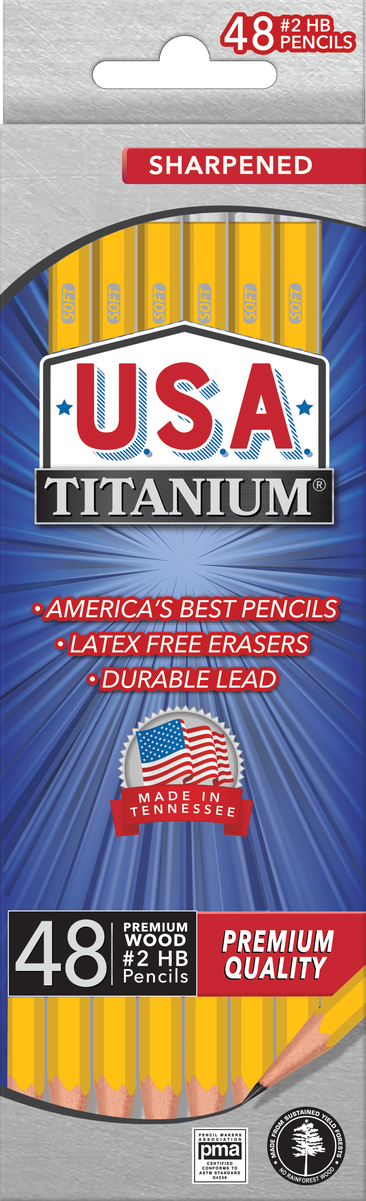 USA Titanium #2 HB Pencils – 48 Count, Pre-Sharpened, Latex-Free, PMA Certified