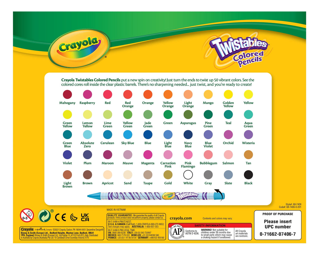 Crayola Twistables Colored Pencil Set (50ct), Kids Art Supplies, Basket Stuffers, Gifts for Kids 3+