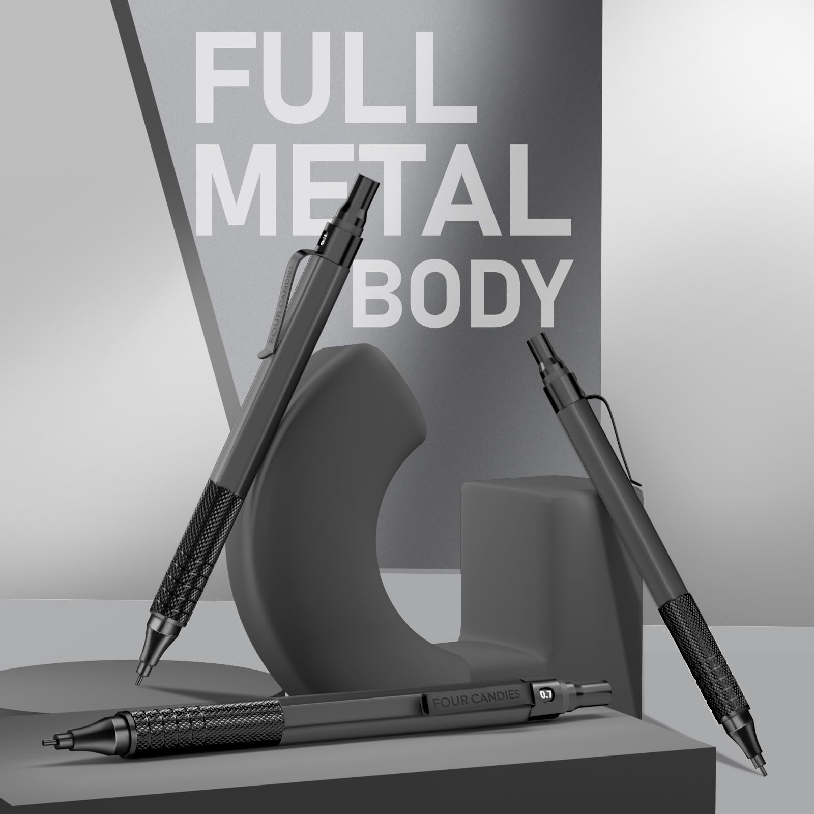 Four Candies 0.7mm Mechanical Pencil Set, 3pcs Black Metal Pencils with Anti-Skid Grip, Ideal