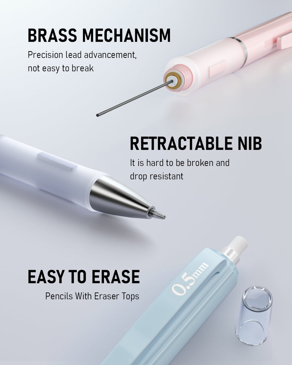 Nicpro 3PCS Pastel Mechanical Pencil Set, 0.5mm Mechanical Pencils with 6 Tube HB Lead 0.5mm, 3 Eraser and 9 Eraser Refill & Case