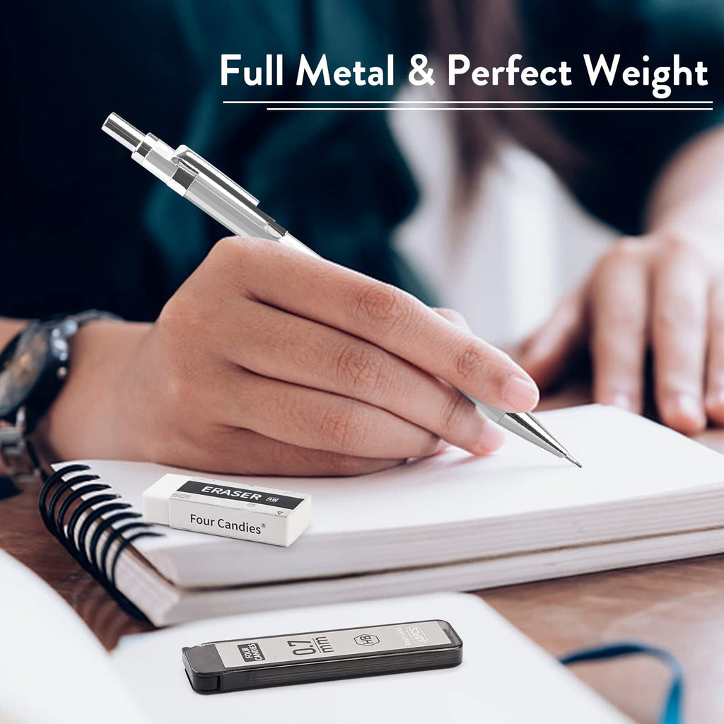 Four Candies 0.7mm Mechanical Pencil Set with Case - 4PCS Metal Mechanical Pencils, 8 Tubes HB #2 Lead Refills, 3PCS 4B Erasers and 9PCS Eraser Refills, for Writing & Drawing