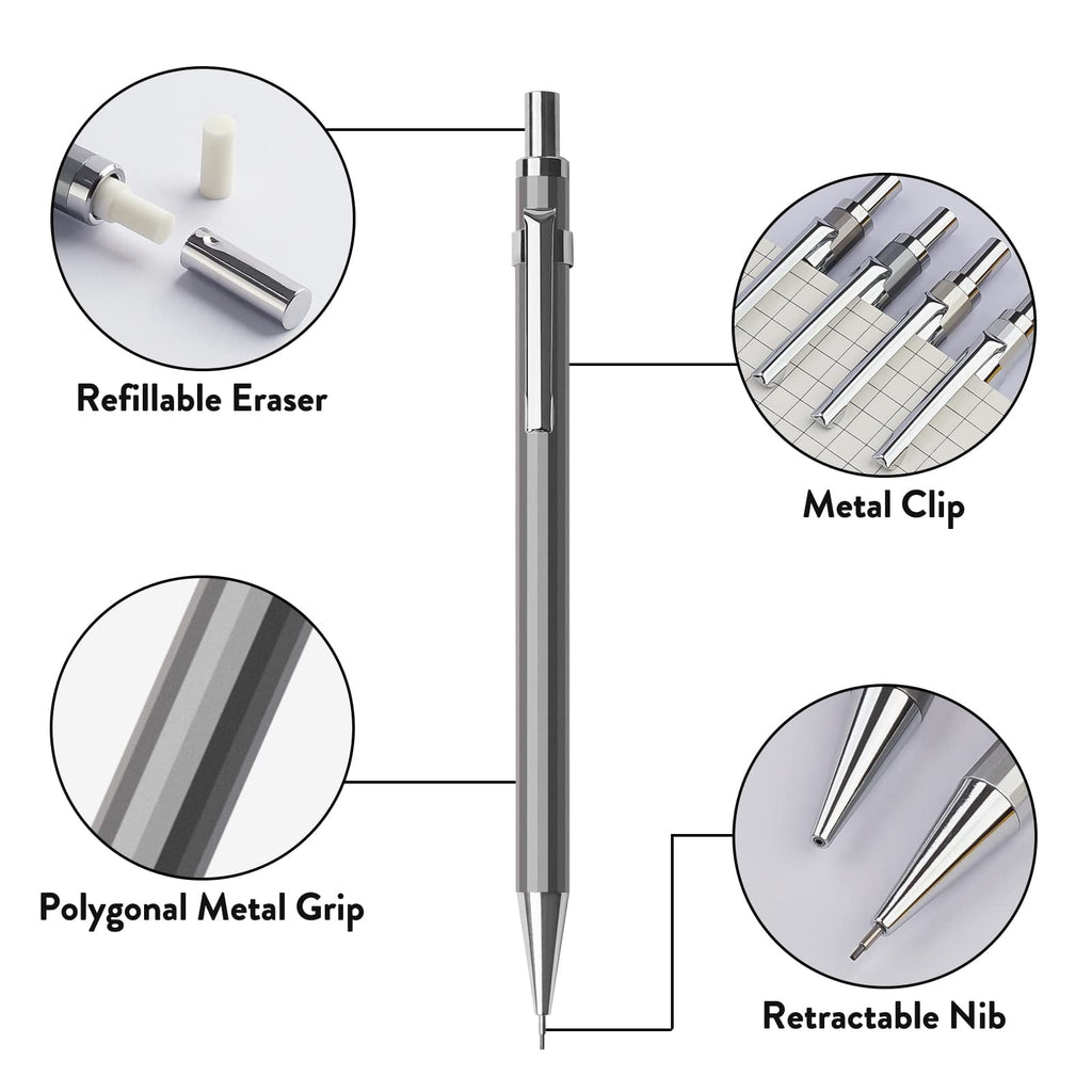 Four Candies 0.7mm Mechanical Pencil Set with Case - 4PCS Metal Mechanical Pencils, 8 Tubes HB #2 Lead Refills, 3PCS 4B Erasers and 9PCS Eraser Refills, for Writing & Drawing