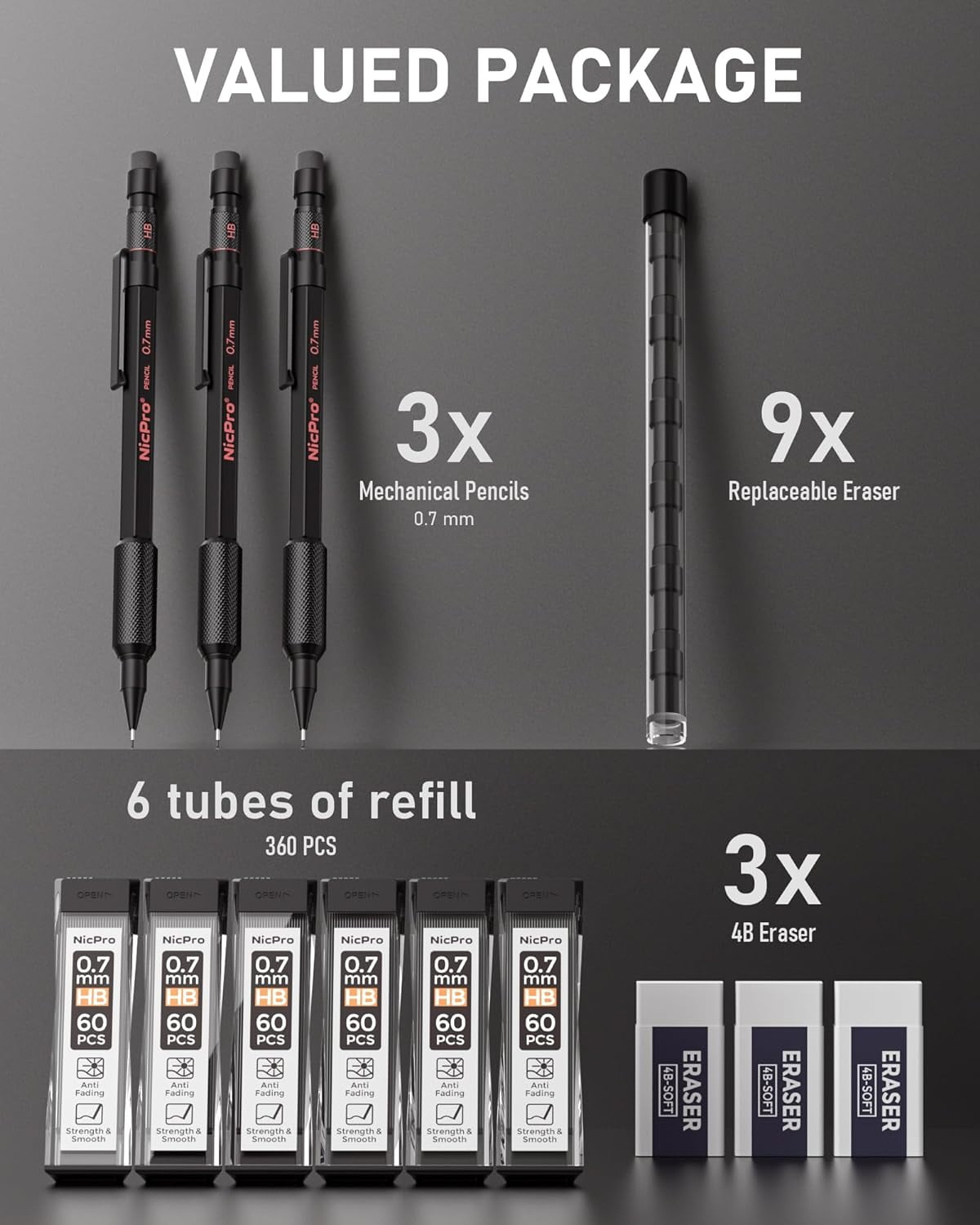 Nicpro 3Pcs 0.7mm Metal Mechanical Pencils Set, with 6 Tube HB Lead Refills, 3 Eraser, 6 Replaceable Eraser, Come with Case