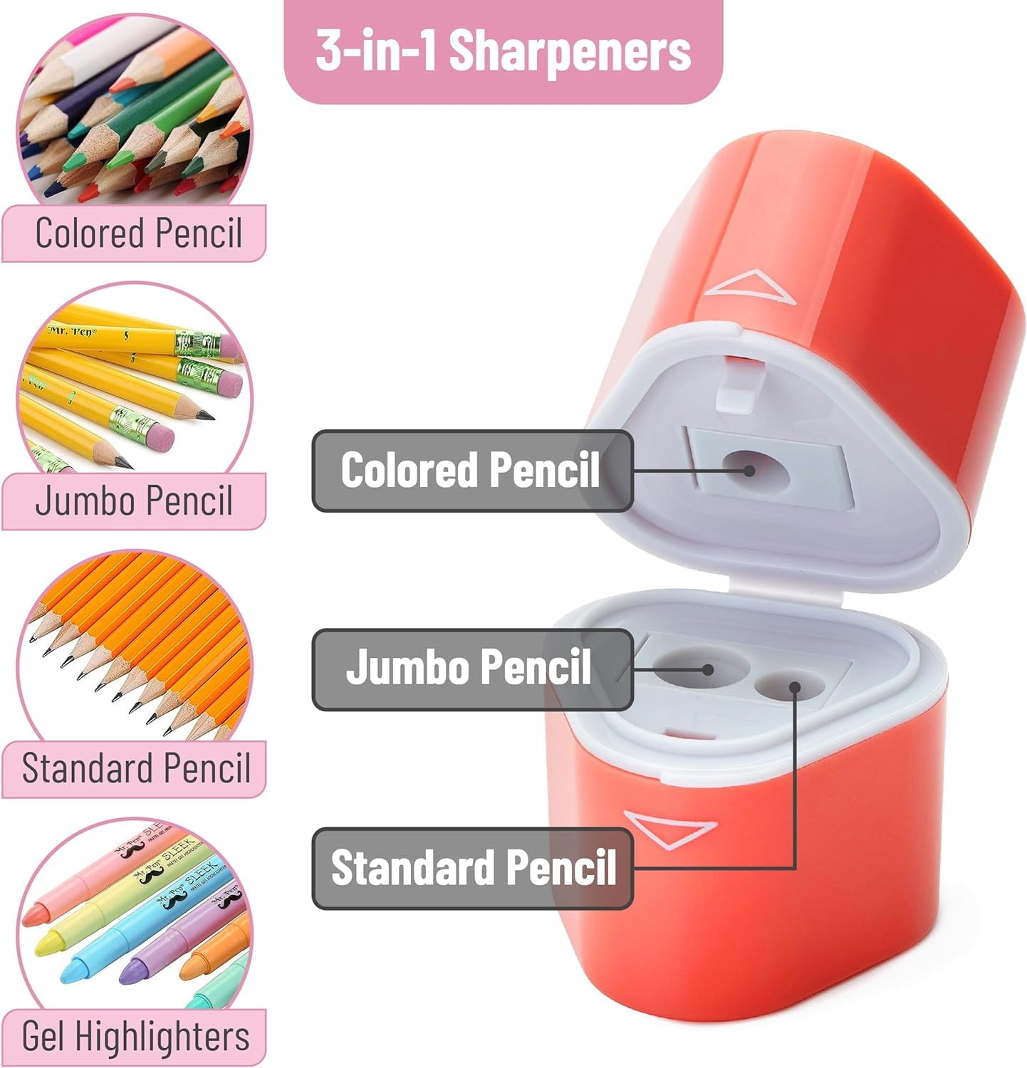 Mr. Pen- Pencil Sharpener for Colored Pencils, 3 Pack, 3 Hole, Pencil Sharpeners Manual, Handheld Pencil Sharpener