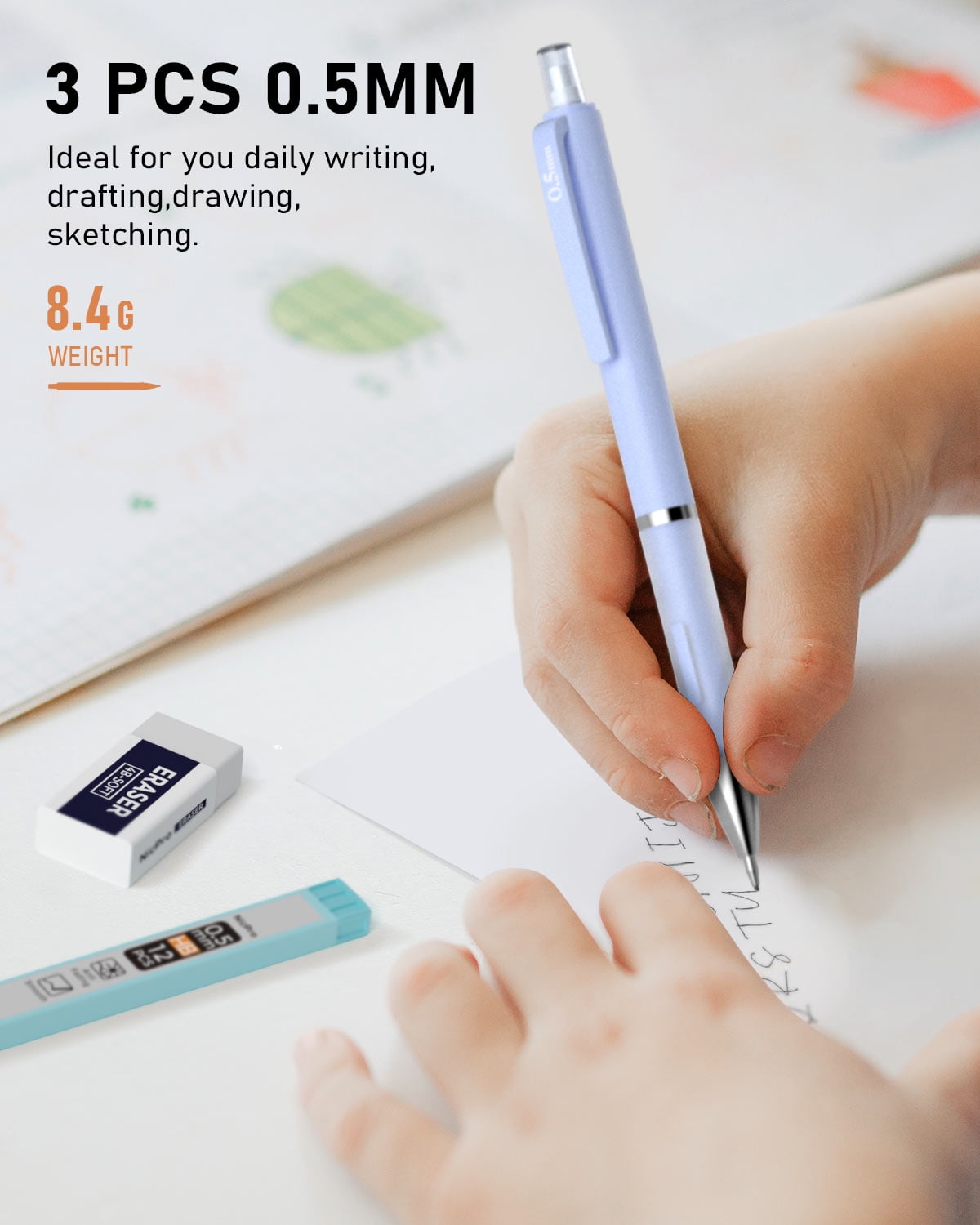 Nicpro 3PCS Pastel Mechanical Pencil Set, 0.5mm Mechanical Pencils with 6 Tube HB Lead 0.5mm, 3 Eraser and 9 Eraser Refill & Case