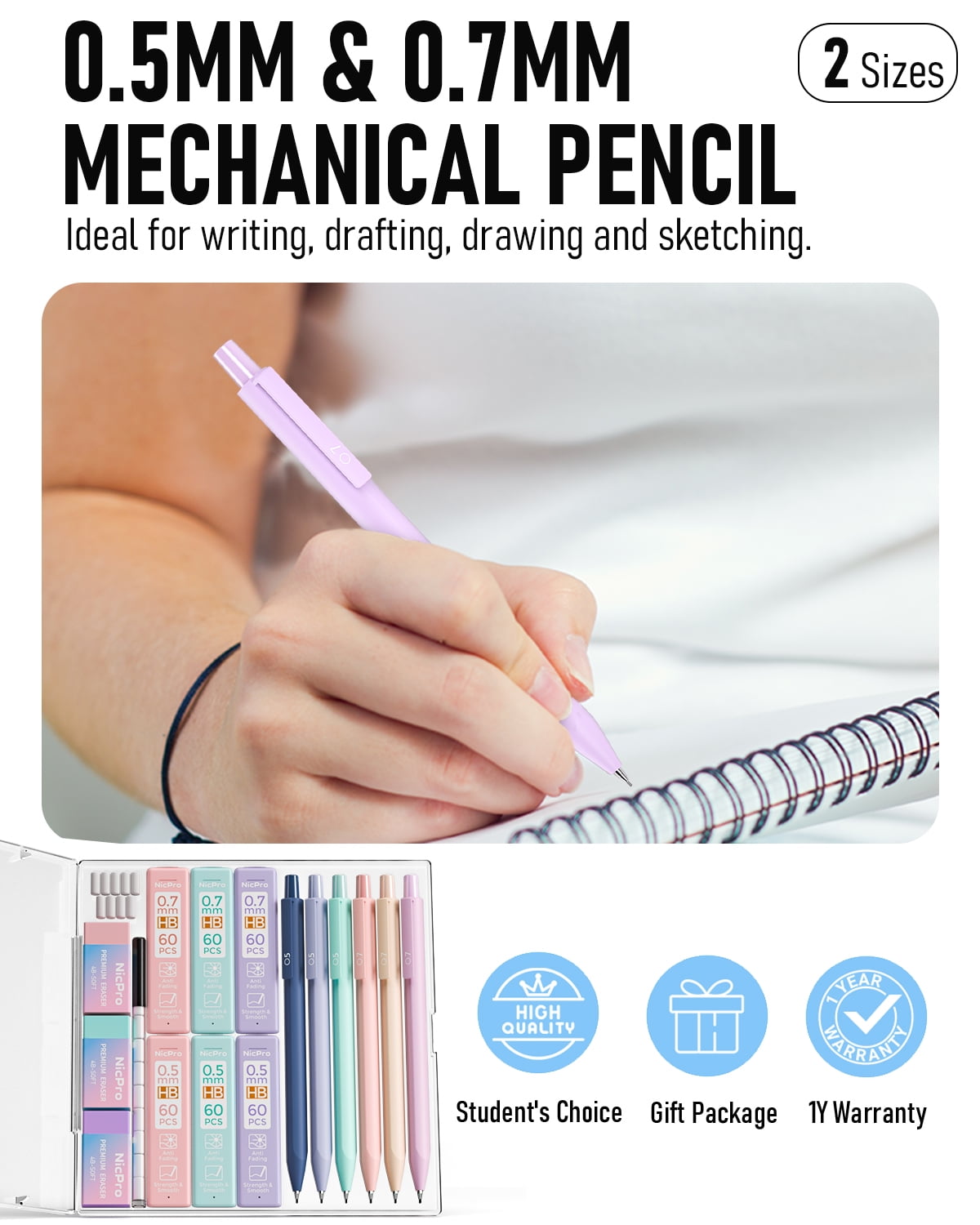 Nicpro Erase Click Mechanical Pencils, 0.5mm and 0.7 mm, 6 Count