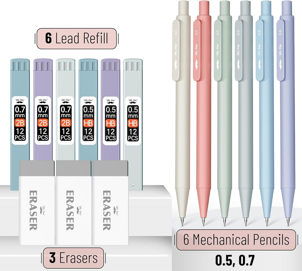 Mr. Pen- Pastel Mechanical Pencil Set with Lead Refills & Erasers, 6 Pack, 2 Sizes, 0.5 & 0.7mm, Aesthetic Mechanical Pencils Set
