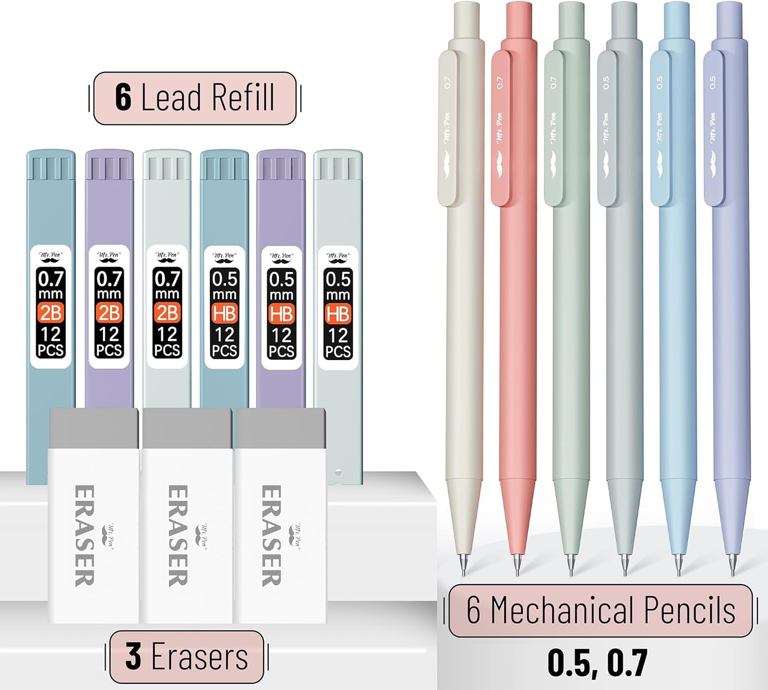 Mr. Pen- Pastel Mechanical Pencil Set with Lead Refills & Erasers, 6 Pack, 2 Sizes, 0.5 & 0.7mm, Aesthetic Mechanical Pencils Set