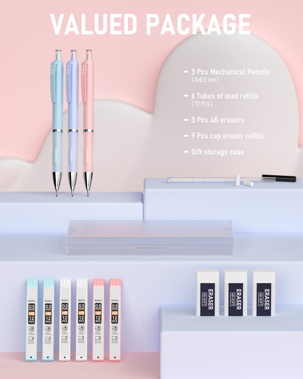 Nicpro 3PCS Pastel Mechanical Pencil Set, 0.5mm Mechanical Pencils with 6 Tube HB Lead 0.5mm, 3 Eraser and 9 Eraser Refill & Case