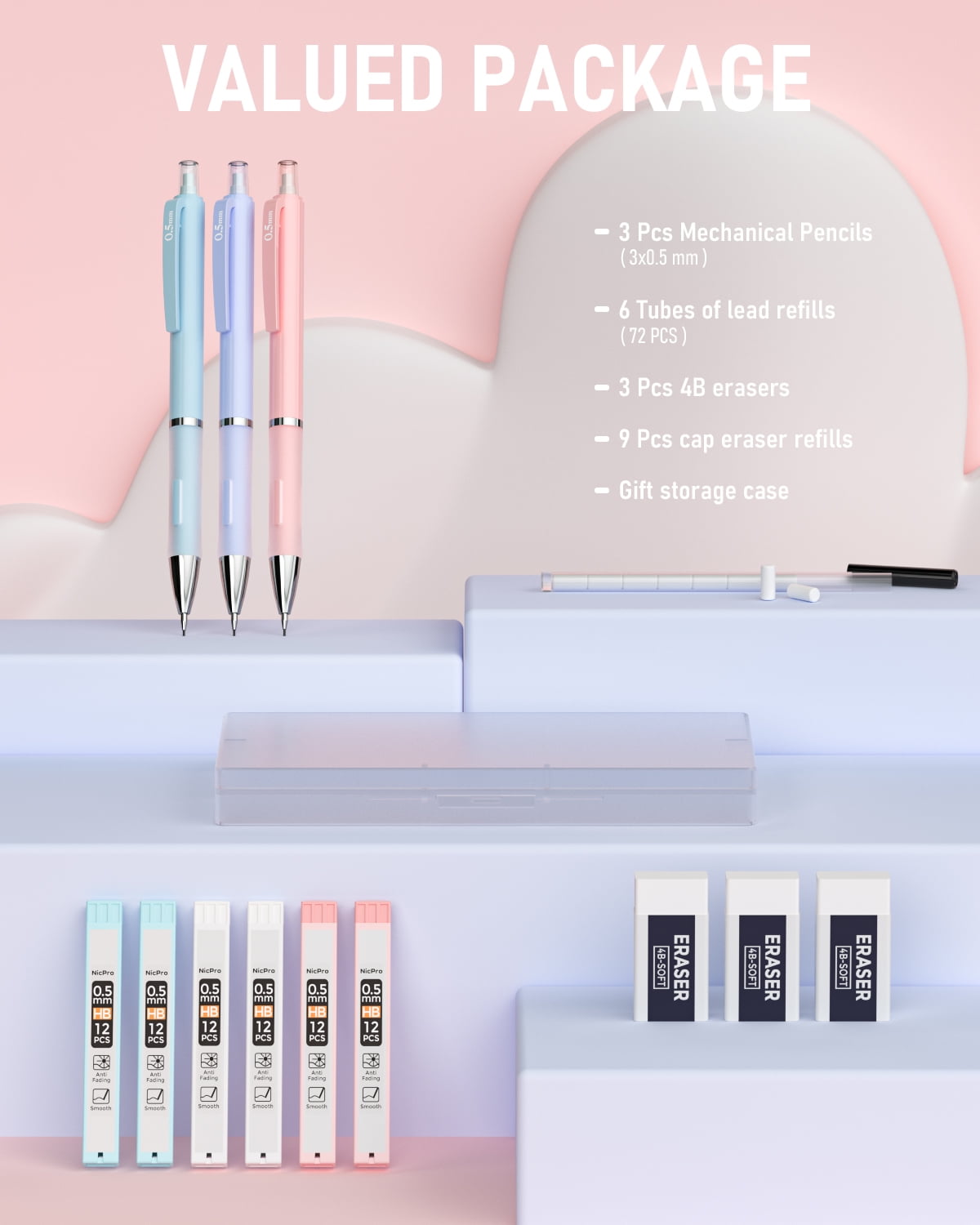Nicpro 3PCS Pastel Mechanical Pencil Set, 0.5mm Mechanical Pencils with 6 Tube HB Lead 0.5mm, 3 Eraser and 9 Eraser Refill & Case