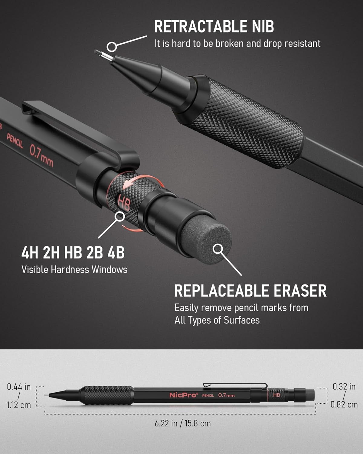 Nicpro 3Pcs 0.7mm Metal Mechanical Pencils Set, with 6 Tube HB Lead Refills, 3 Eraser, 6 Replaceable Eraser, Come with Case