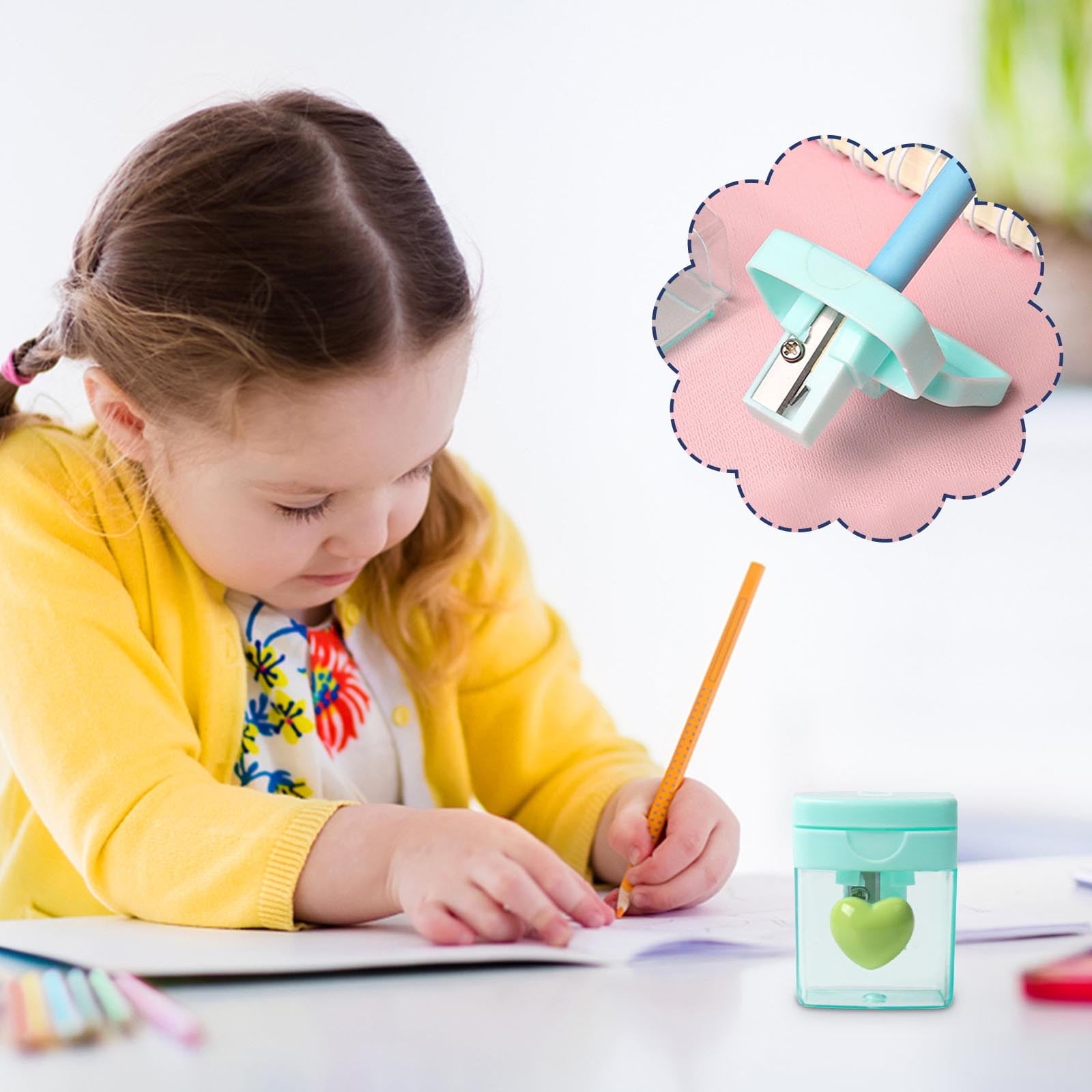 Heart-Shaped Pencil Sharpener - 4-Color Rotating Crayon & Colored Pencil Sharpener with Clear Shavings Container