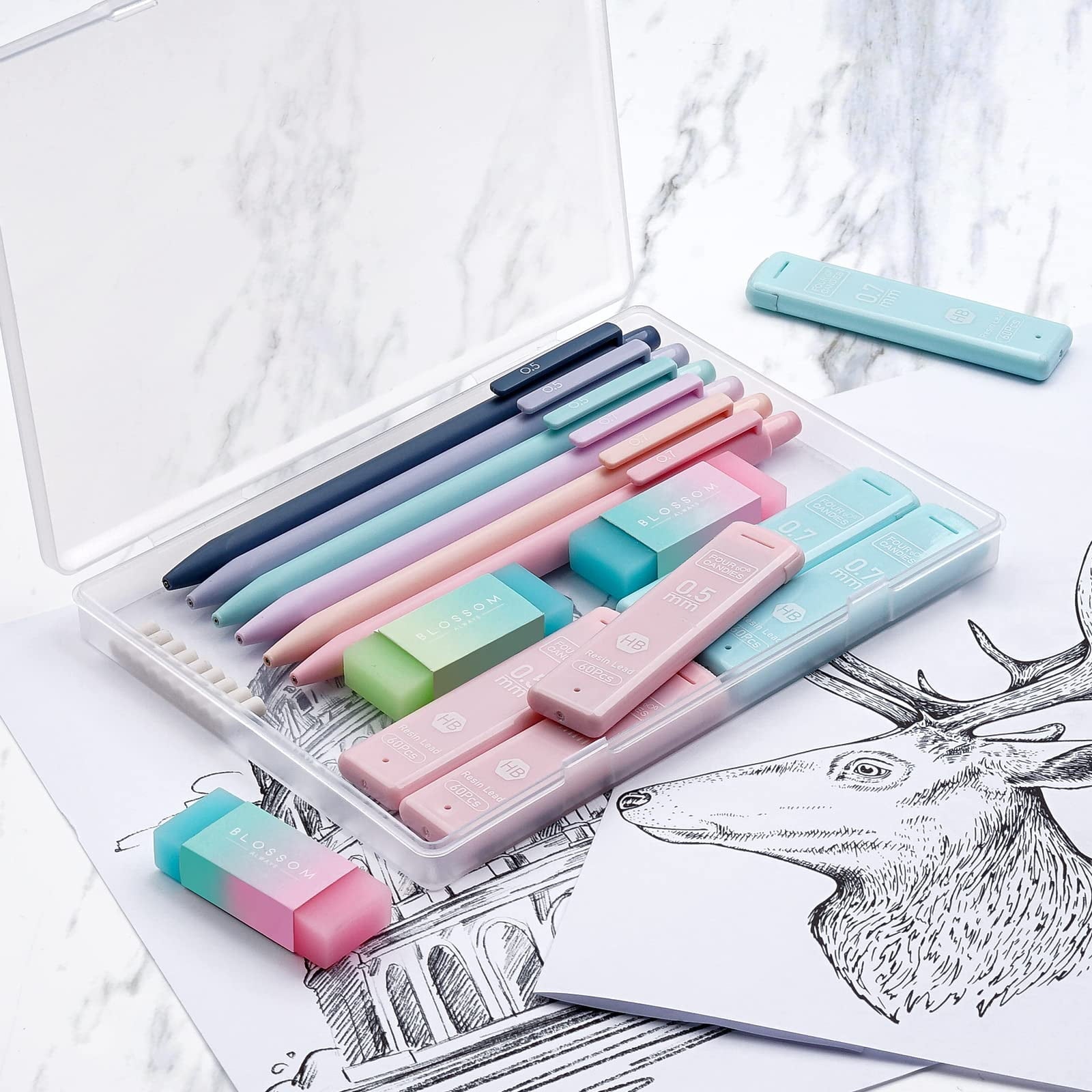Four Candies Cute Mechanical Pencils, 6PCS Pastel Mechanical Pencils in 0.5mm & 0.7mm, with 360PCS Pencil Leads, 3PCS Erasers and 9PCS Refills, Aesthetic Mechanical Pencil Set for Drawing & Writing