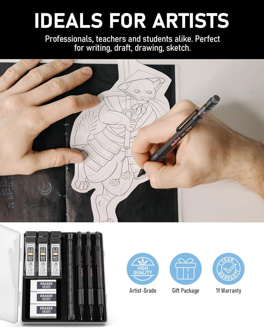 Nicpro 3Pcs 0.7mm Metal Mechanical Pencils Set, with 6 Tube HB Lead Refills, 3 Eraser, 6 Replaceable Eraser, Come with Case