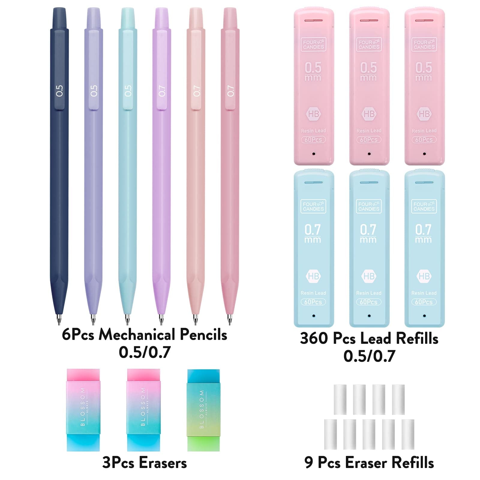 Four Candies Cute Mechanical Pencils, 6PCS Pastel Mechanical Pencils in 0.5mm & 0.7mm, with 360PCS Pencil Leads, 3PCS Erasers and 9PCS Refills, Aesthetic Mechanical Pencil Set for Drawing & Writing