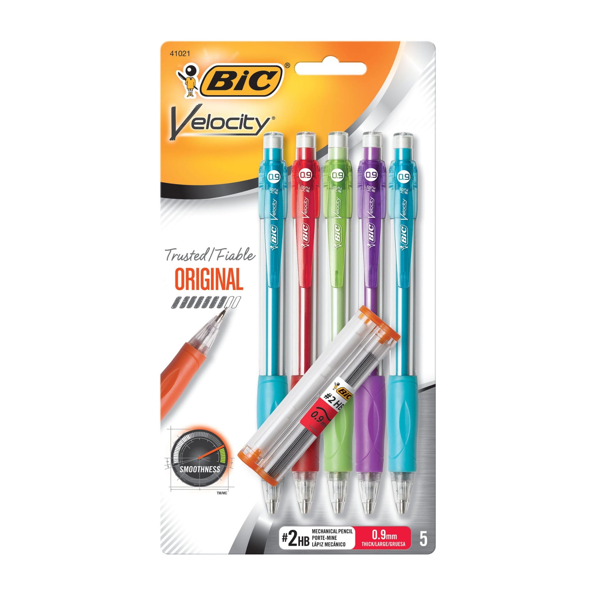 BIC Velocity Original Mechanical Pencils, 0.9 mm, #2 Lead, Assorted Barrel Colors, 5 Count