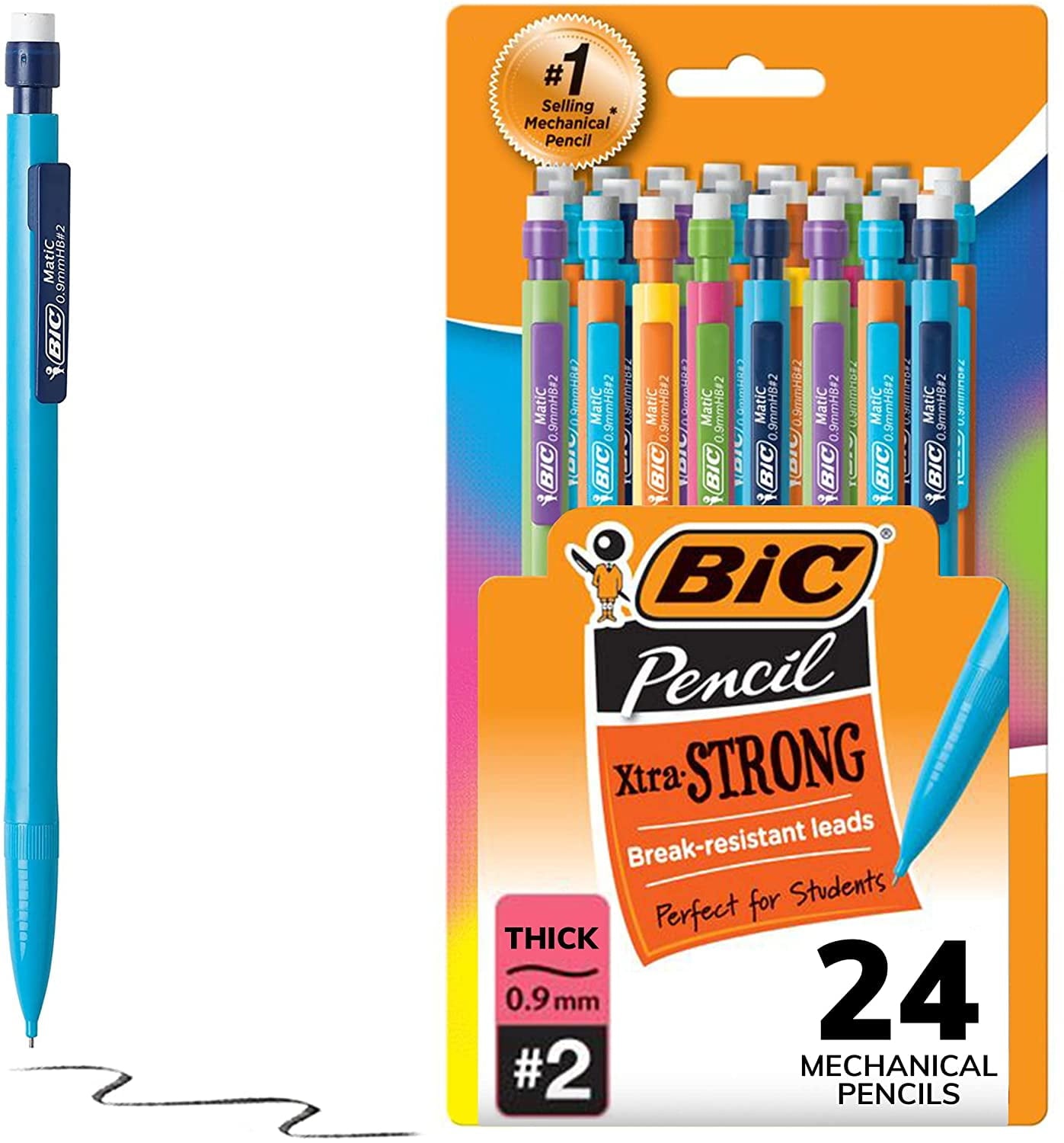 BIC Xtra-Strong Thick Lead Mechanical Pencil, With Colorful Barrel Thick Point (0.9mm), 24-Count Pack, With Erasers (MPLWP241)