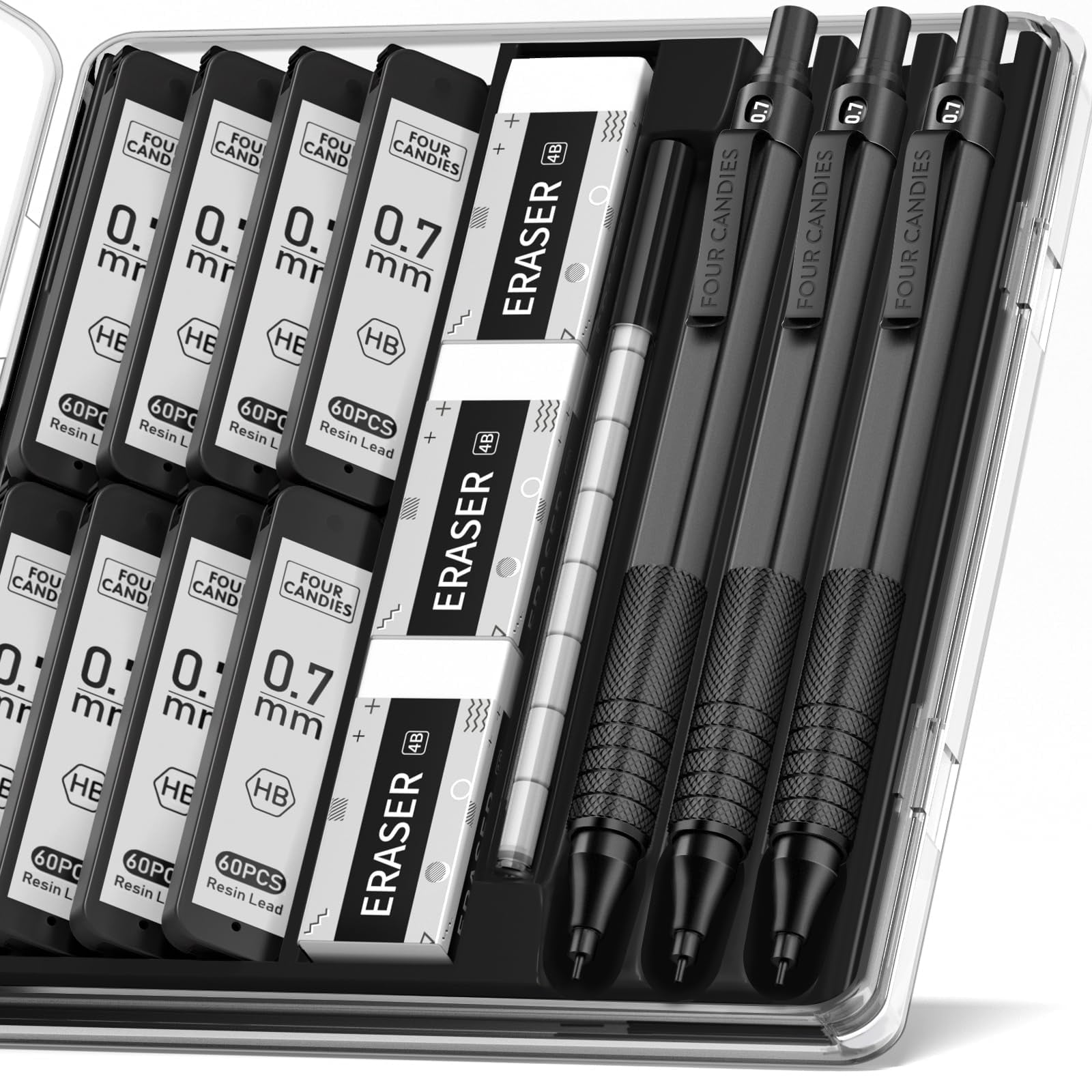 Four Candies 0.7mm Mechanical Pencil Set, 3pcs Black Metal Pencils with Anti-Skid Grip, Ideal