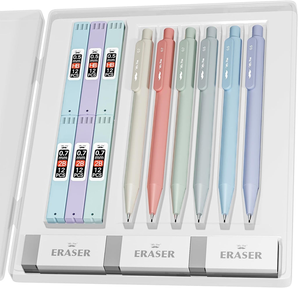 Mr. Pen- Pastel Mechanical Pencil Set with Lead Refills & Erasers, 6 Pack, 2 Sizes, 0.5 & 0.7mm, Aesthetic Mechanical Pencils Set