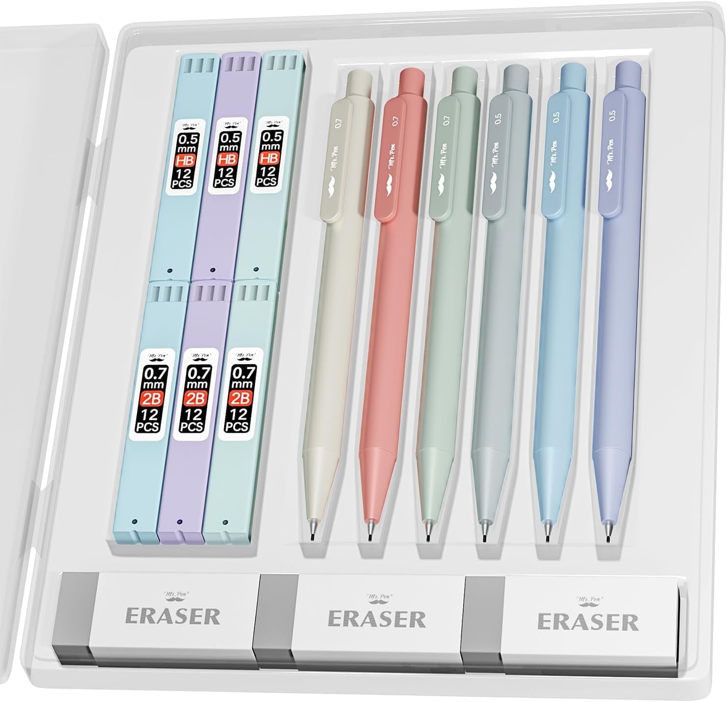 Mr. Pen- Pastel Mechanical Pencil Set with Lead Refills & Erasers, 6 Pack, 2 Sizes, 0.5 & 0.7mm, Aesthetic Mechanical Pencils Set