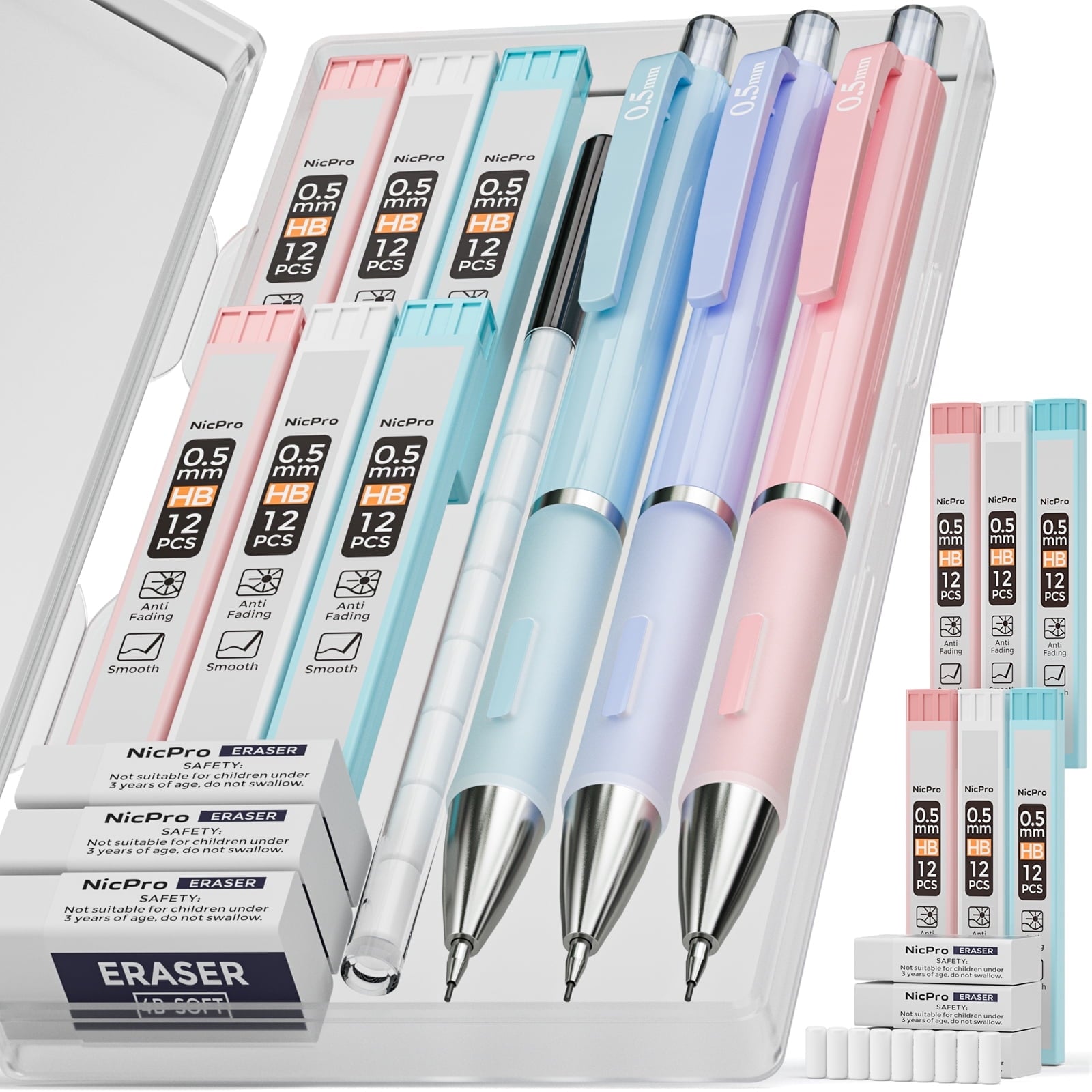 Nicpro 3PCS Pastel Mechanical Pencil Set, 0.5mm Mechanical Pencils with 6 Tube HB Lead 0.5mm, 3 Eraser and 9 Eraser Refill & Case