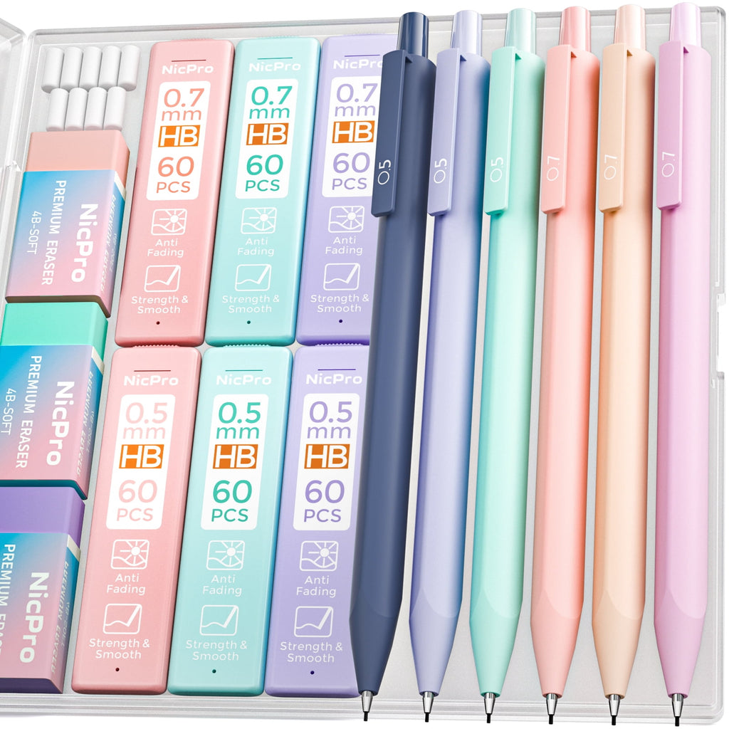 Nicpro Erase Click Mechanical Pencils, 0.5mm and 0.7 mm, 6 Count