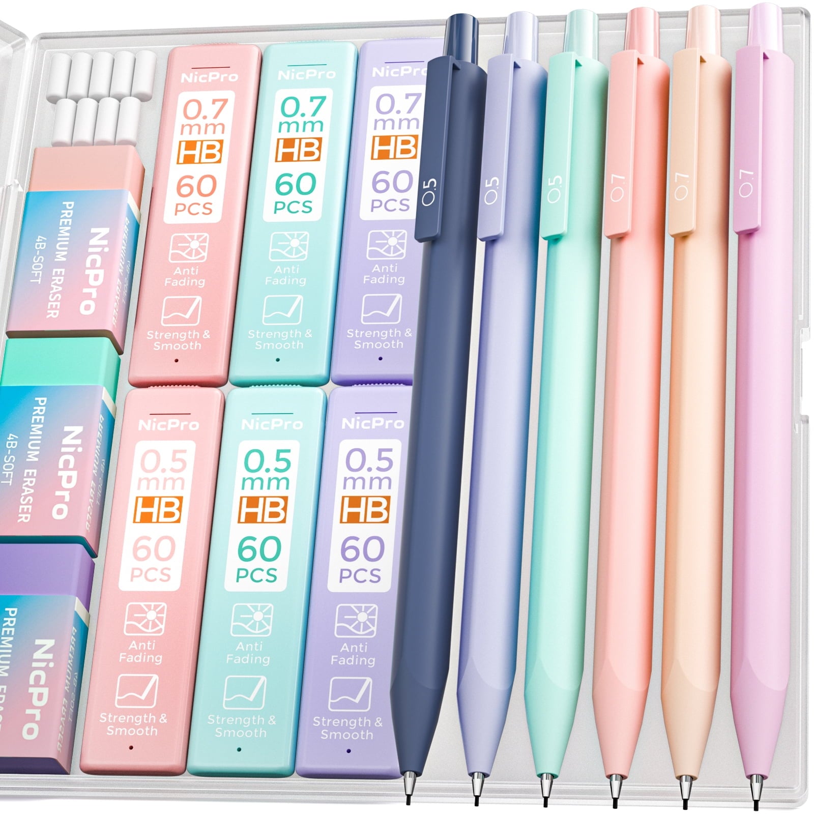 Nicpro Erase Click Mechanical Pencils, 0.5mm and 0.7 mm, 6 Count