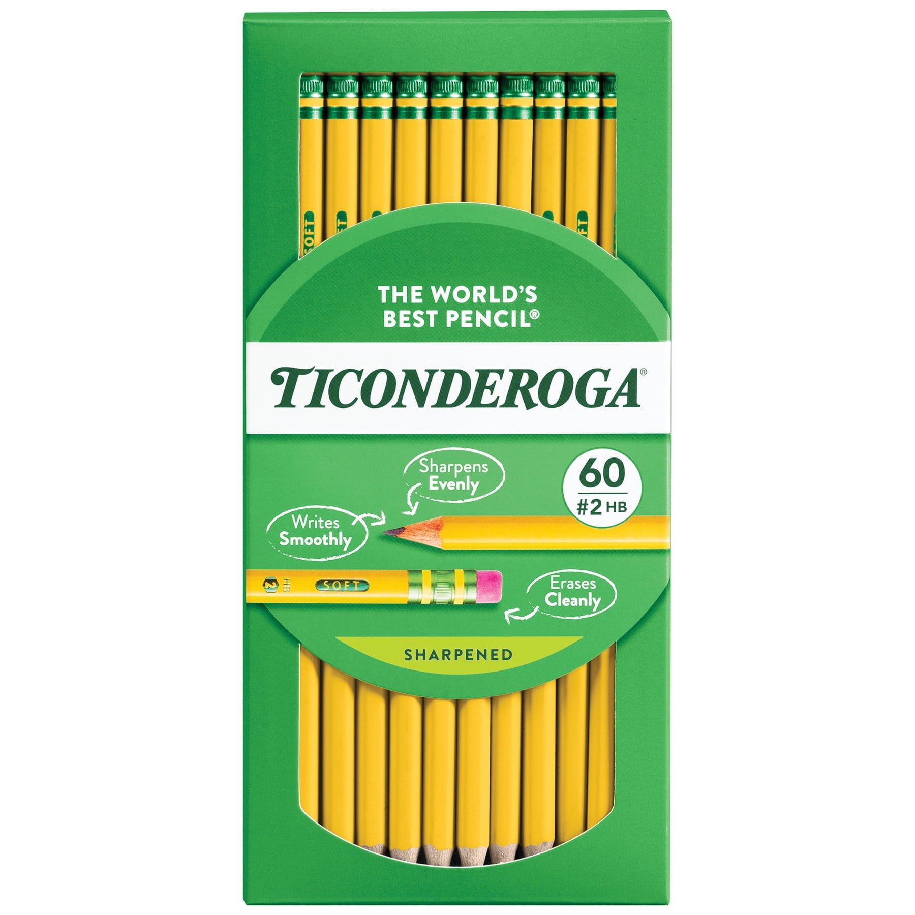 Ticonderoga Sharpened Wooden Pencils, 2 HB, .03mm, Yellow, 60 Count