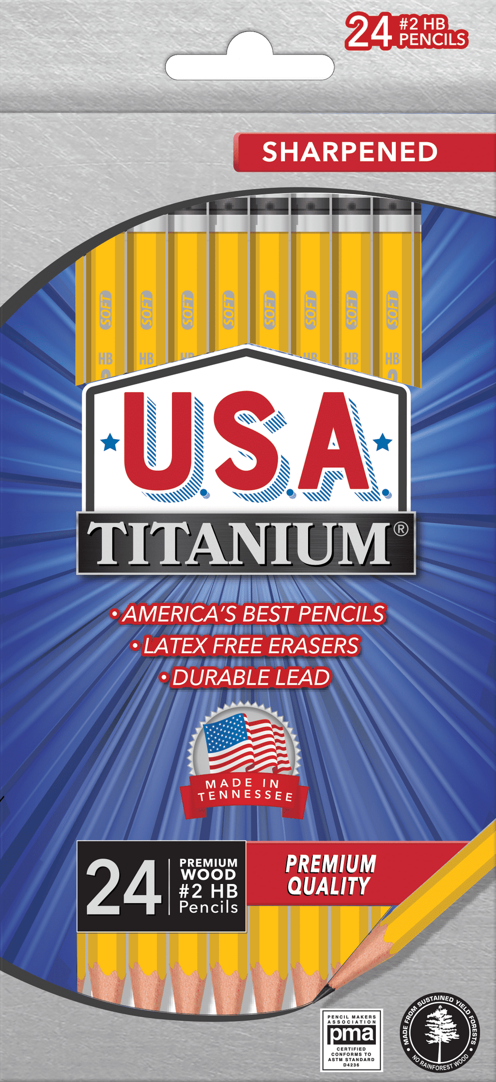 USA Titanium #2 HB Pencils – 24 Count, Pre-Sharpened, Latex-Free, PMA Certified