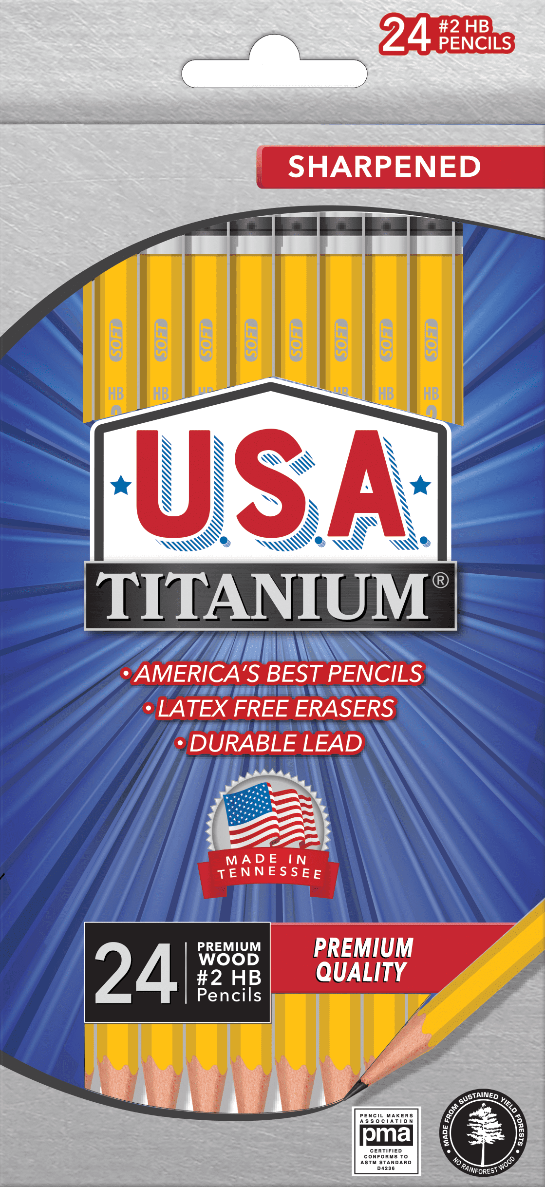 USA Titanium #2 HB Pencils – 24 Count, Pre-Sharpened, Latex-Free, PMA Certified