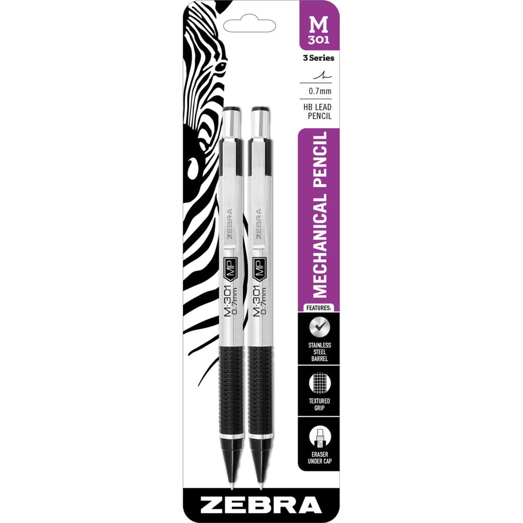 Zebra M-301 Mechanical Pencil, 0.7 mm, HB #2 Graphite, Black Grip, 2-Pack