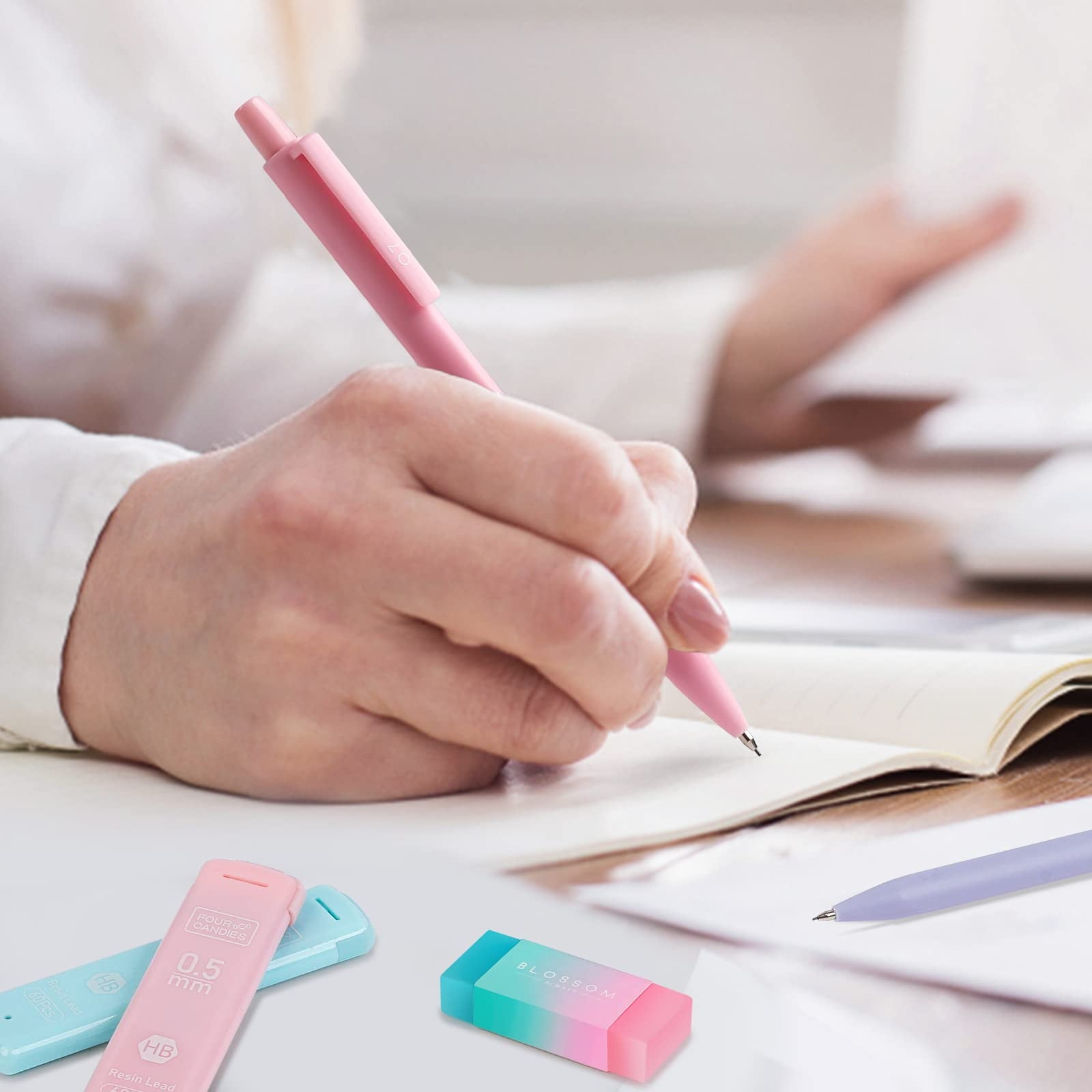 Four Candies Cute Mechanical Pencils, 6PCS Pastel Mechanical Pencils in 0.5mm & 0.7mm, with 360PCS Pencil Leads, 3PCS Erasers and 9PCS Refills, Aesthetic Mechanical Pencil Set for Drawing & Writing