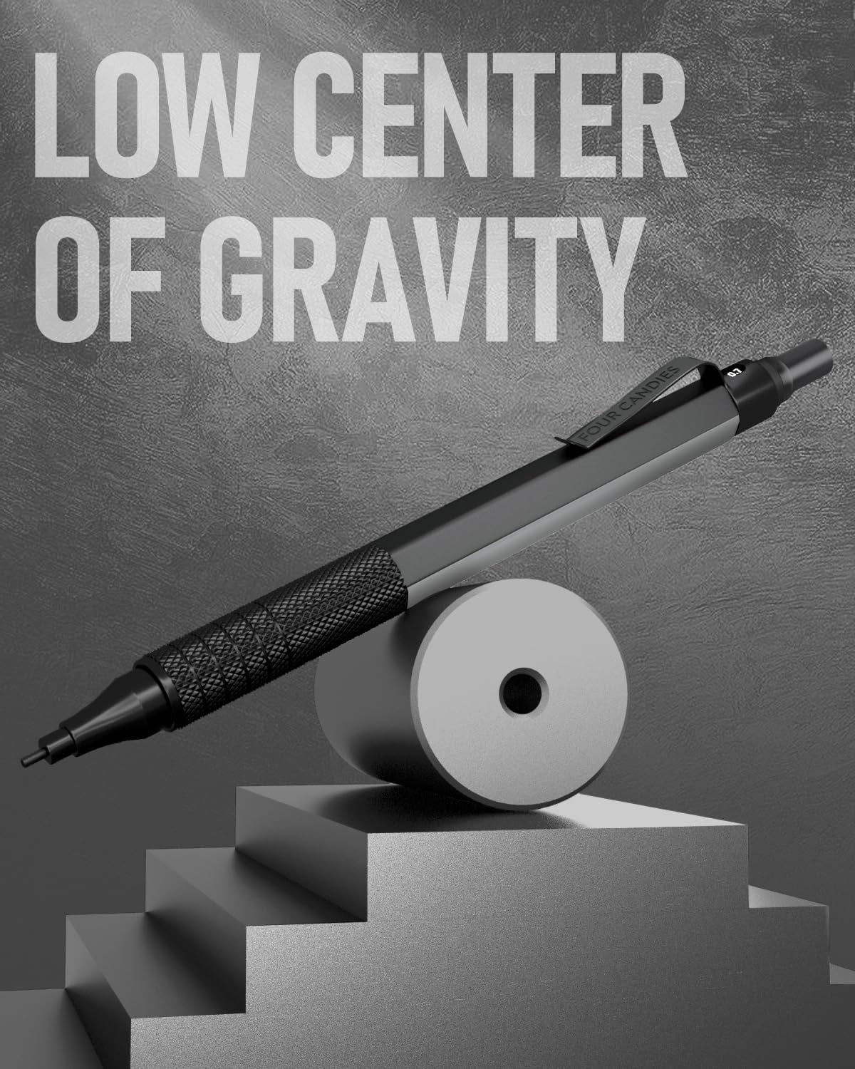 Four Candies 0.7mm Mechanical Pencil Set, 3pcs Black Metal Pencils with Anti-Skid Grip, Ideal