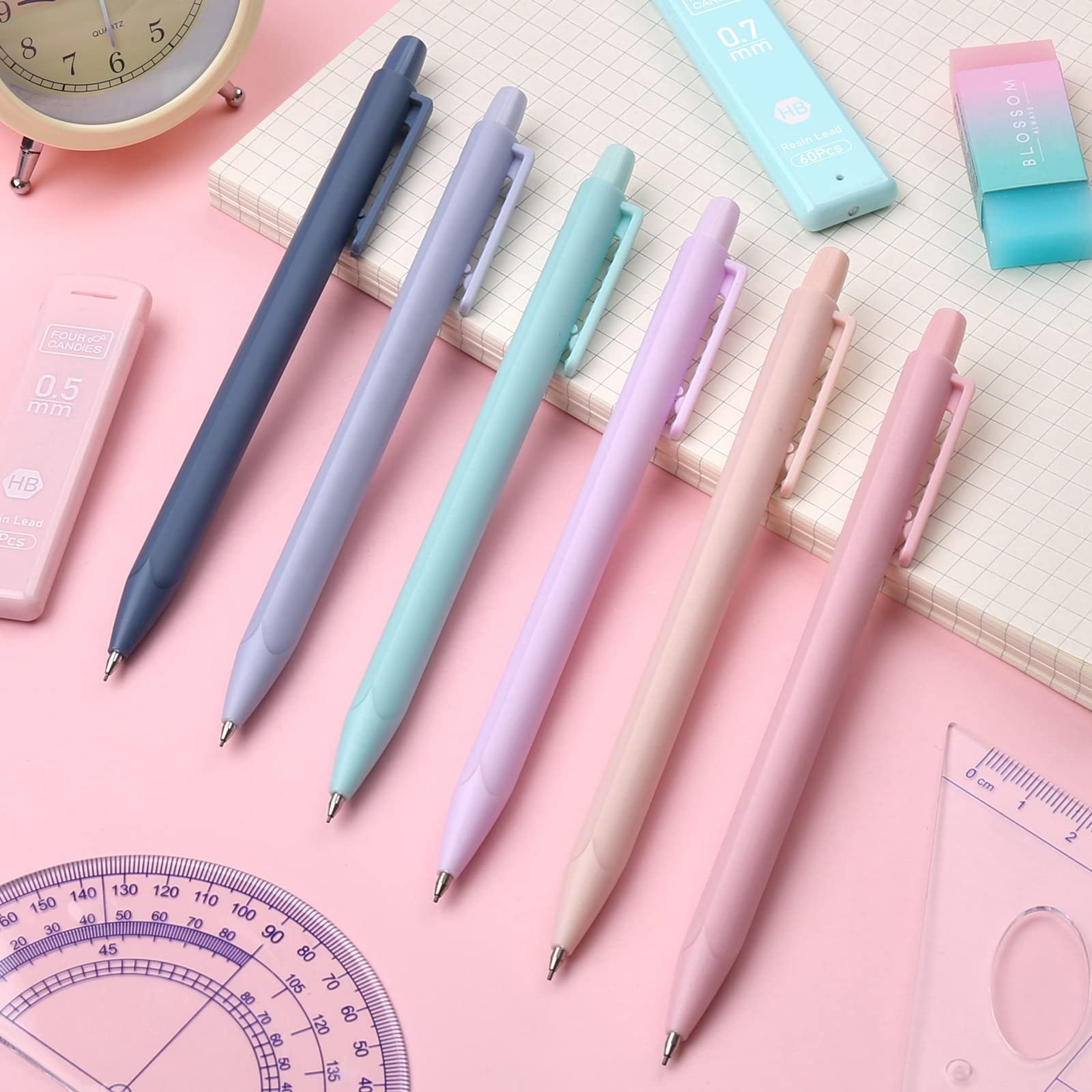 Four Candies Cute Mechanical Pencils, 6PCS Pastel Mechanical Pencils in 0.5mm & 0.7mm, with 360PCS Pencil Leads, 3PCS Erasers and 9PCS Refills, Aesthetic Mechanical Pencil Set for Drawing & Writing