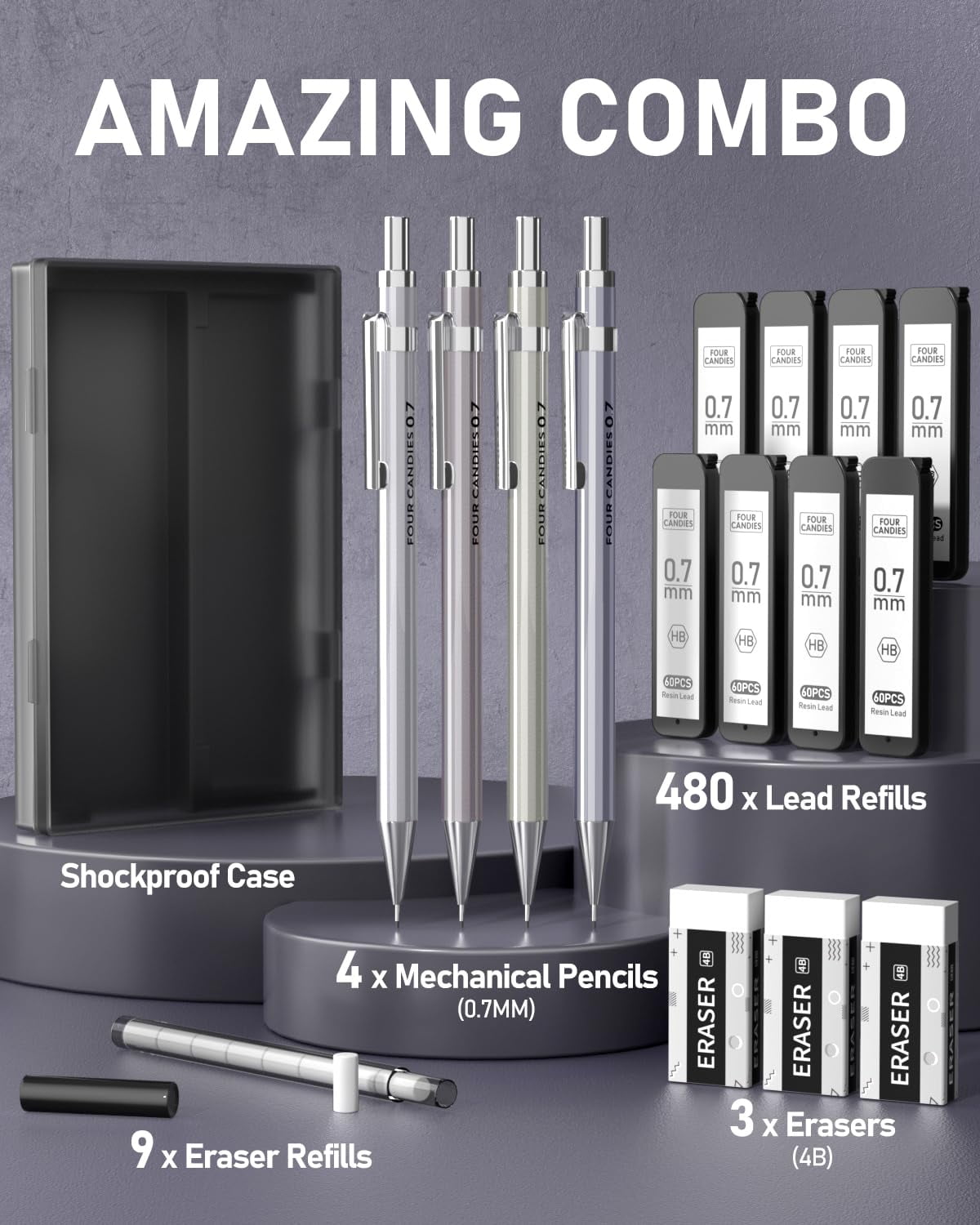 Four Candies 0.7mm Mechanical Pencil Set with Case - 4PCS Metal Mechanical Pencils, 8 Tubes HB #2 Lead Refills, 3PCS 4B Erasers and 9PCS Eraser Refills, for Writing & Drawing