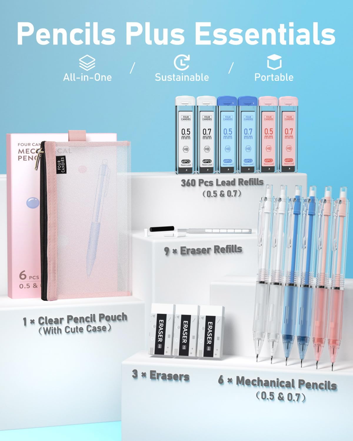 Four Candies Mechanical Pencil Set with Case, 6PCS Mechanical Pencils 0.5 & 0.7mm with 360PCS HB Lead Refills, 3PCS Erasers, 9PCS Eraser Refills, Aesthetic Mechanical Pencil for Drawing, Drafting
