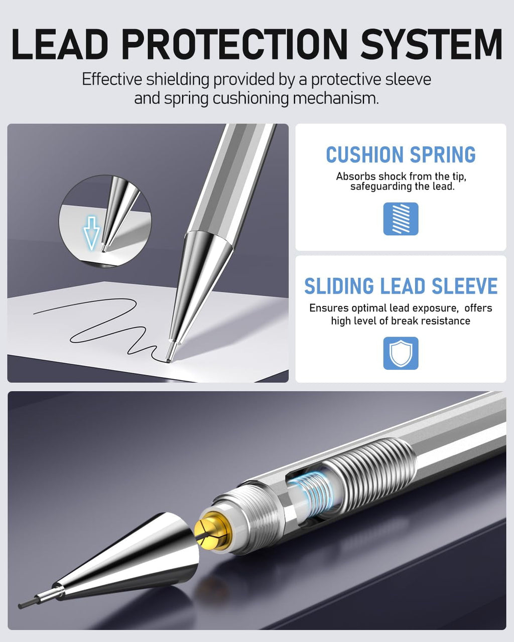 Four Candies 0.7mm Mechanical Pencil Set with Case - 4PCS Metal Mechanical Pencils, 8 Tubes HB #2 Lead Refills, 3PCS 4B Erasers and 9PCS Eraser Refills, for Writing & Drawing