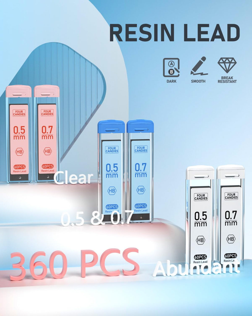 Four Candies Mechanical Pencil Set with Case, 6PCS Mechanical Pencils 0.5 & 0.7mm with 360PCS HB Lead Refills, 3PCS Erasers, 9PCS Eraser Refills, Aesthetic Mechanical Pencil for Drawing, Drafting