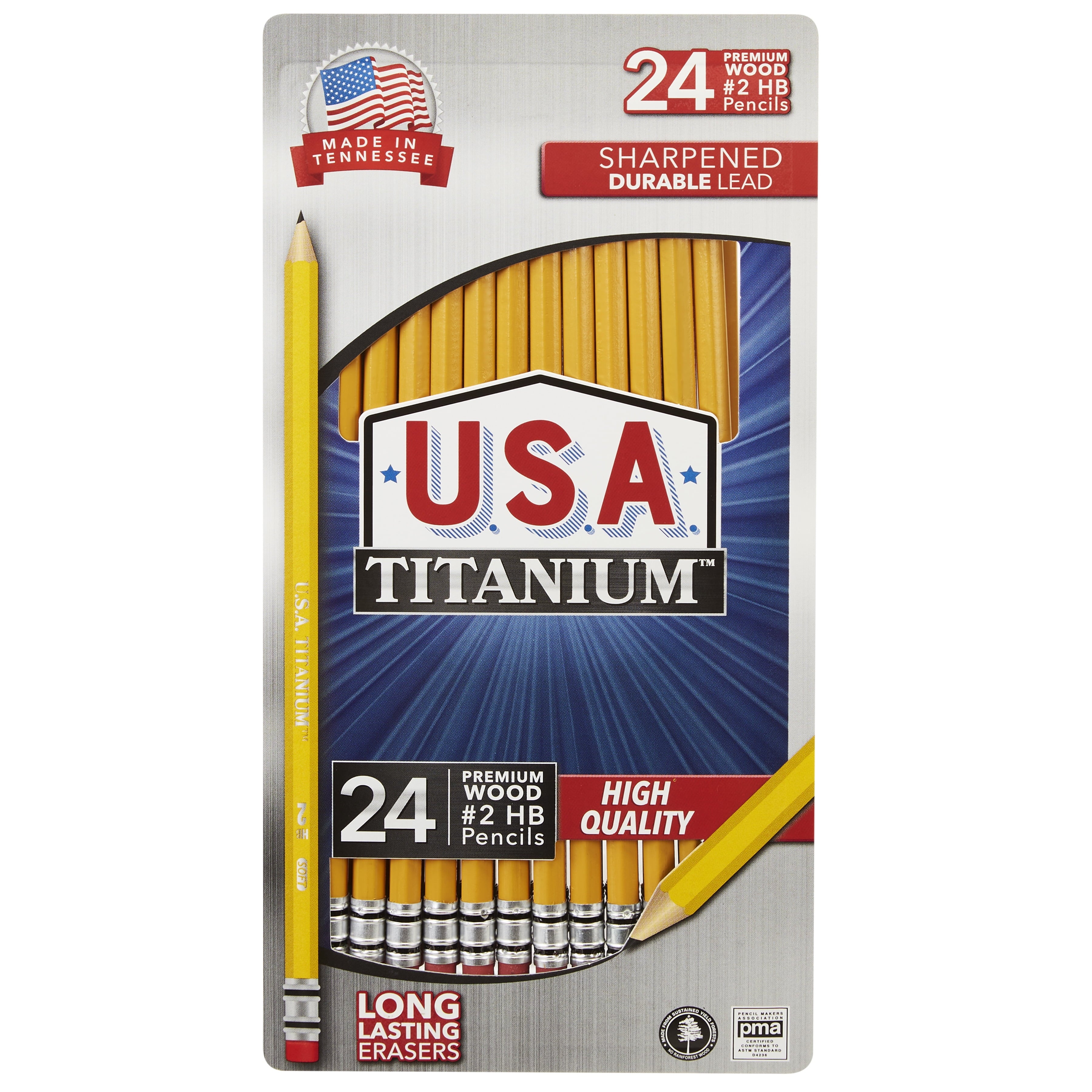 USA Titanium #2 HB Pencils – 24 Count, Pre-Sharpened, Latex-Free, PMA Certified